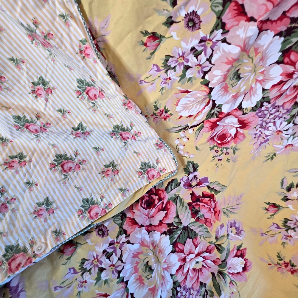 Ralph Lauren Sophie Brooke Twin Duvet Yellow Floral Cabbage Rose Stripe *READ*